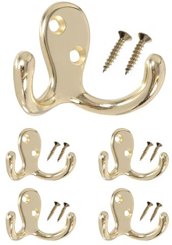 HOWTOOL Brass Double Robe Hook 5 Pack with Screws Towel Coat Hat
