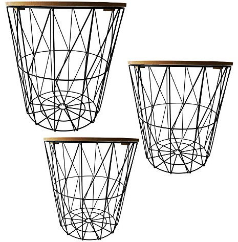 Cepewa Beistelltisch 3er Set │ Couchtisch im Industrie Design │ Metall mit Holz │Ø 29 cm Ø 34 cm Ø 39,5 cm (1 x 3er Set Beistelltisch schwarz)