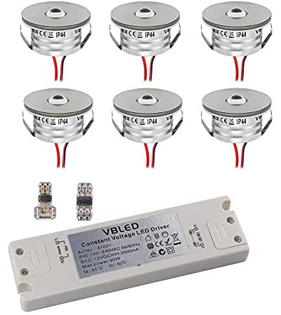 VBLED® Lot de 6 mini-spots encastrables 3W Spot encastrable NOVOS blanc chaud 3000K 12V DC Transformateur LED inclus Tension constante