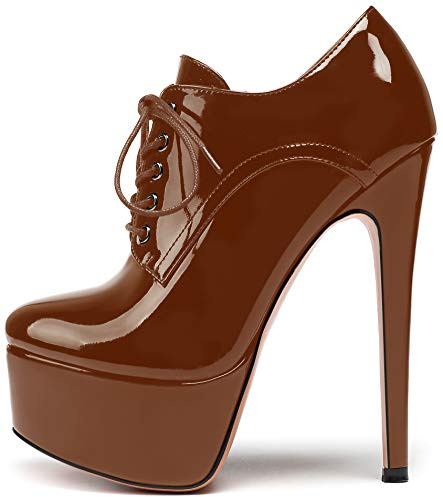 Soireelady Stivali Corti da Donna, Stivali Moda Piattaforma Donna, Stivaletti Stringati Tacco Alto, Stivali Outdoor Tacco Stiletto Marrone EU41