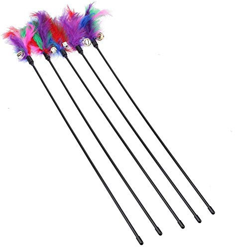 Sitrda 5pcs Cat Feather Toys Cat Wand Interactive Stick Toy Wire Chaser Wand Interactive Feather Cat Toy for Cat Kitten Pet (63cm)