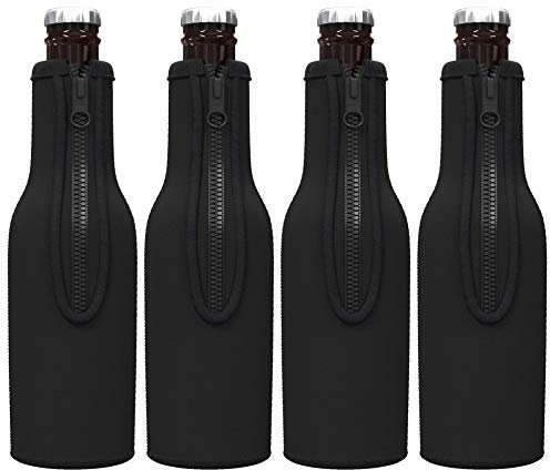 TahoeBay Bierflaschen-Isolierhülsen, Neopren, mit Reißverschluss, für Longneck Flaschen (340 ml), Schwarz, 4 Stück