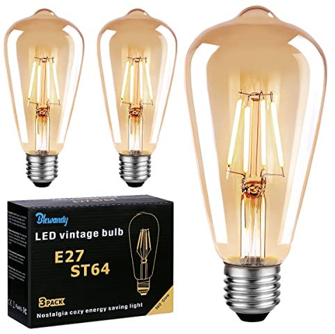 Edison Light Bulb, 4W LED Vintage Bulbs E27, Retro LED Filament Bulb Amber Glass Edison Screw Lamp ST64, 400LM 2700K Warm White - 3 Pack