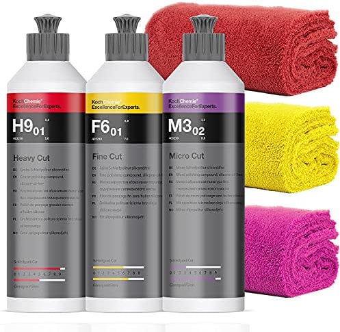 detailmate Koch Chemie Politur Set: Koch Chemie Heavy Cut Politur H9.02 + Koch Chemie Micro Cut Politur M3.02 + Koch Chemie Fine Cut Politur F6.01 + 3 detailmate Mikrofasertücher, 40x40cm, 550GSM