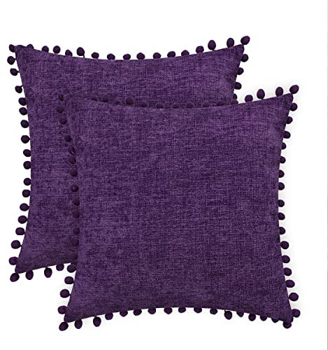 CaliTime Federe per Cuscini Confezione da 2 Fodere per Cuscini in Morbida Ciniglia Morbida Tinta Solida con Pom Pom per Divano Divano Decorazione della casa 45 cm x 45 cm Viola
