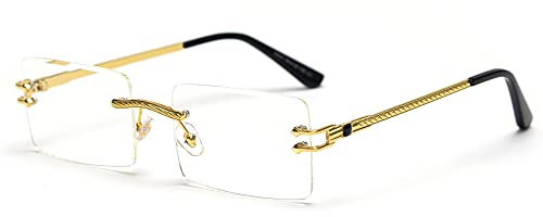 LIGOES Lunettes de soleil rectangulaires sans monture vert bleu miroir lunettes de soleil femmes Uv400 rétro hommes nuances teintées, Doré avec transparent