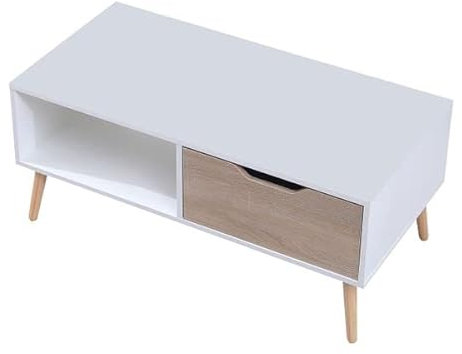 Happy Garden Table Basse avec tiroir Style scandinave Blanche Freja. Table de Salon en Bois avec Rangement. Table rectangulaire avec Pieds en Bois.
