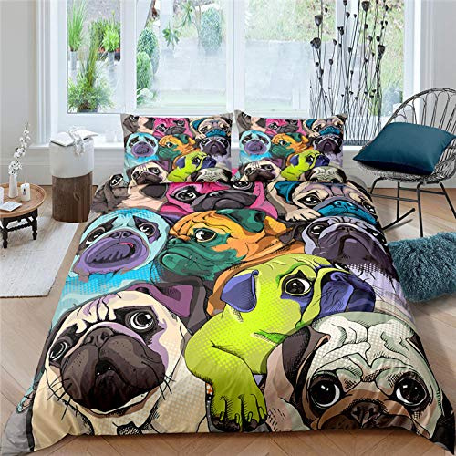 kldby Bettwäsche 200x200 3 Teilig Tiere Mops Weiche Atmungsaktive Microfaser Bettbezug Set mit Reißverschluss und 2 Kopfkissenbezug 80x80 cm
