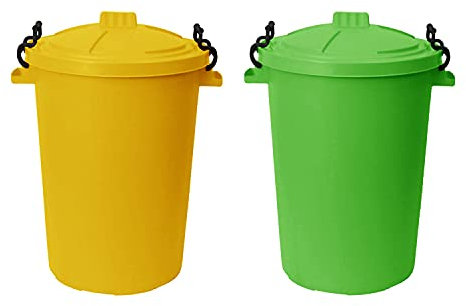 M1SS (Set of 2) 50 Litre Yellow and Lime Green Heavy Duty Plastic Clip Lock Lid Bin Indoor or Outdoor Rubbish, Waste or Storage of Animal Feed.