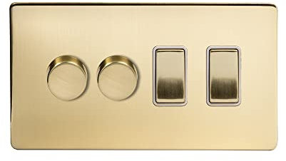 Soho Lighting Brushed Brass 4 Gang Switch with 2 Dimmers (2x150W LED Dimmer 2x20A Switch)