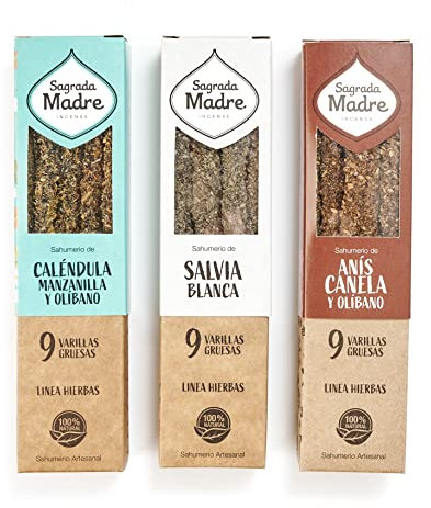 Sagrada Madre - Incienso Herbal 100% Natural Varilla Gruesa manzanilla caléndula Salvia Blanca anís Canela Limpieza energética