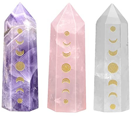KYEYGWO Mondphasen Kristall Zauberstab Set, 3 Stück Positive Energie Stein Quarz Punkte Mondfinsternis Sechseckiger Prisma Stäbe Edelsteine Ornament Mond Deko, Weiß/Violett/Rosa