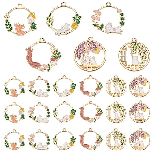 PandaHall Tier Emaille Anhänger 6 Stil 24 Stück Legierung Katze Kaninchen Eichhörnchen Anhänger Runde Ostern Frühling Sommer Charms Für DIY Halskette Armband Ohrring Herstellung