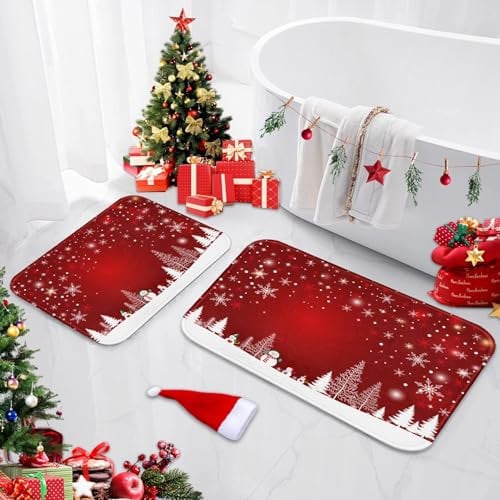 ArtSocket Weihnachts-Badezimmerteppiche und -matten, Weihnachtsmann-Teppich, rutschfest, Schneeflocke, rot, saugfähig, Mikrofaser, Memory-Schaum, maschinenwaschbar, Badezimmer-Fußmatten, 2-teilig