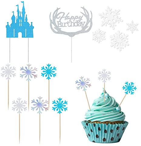 56 Stück Schloss-Kuchenaufsätze, Glitzer-Schneeflocken-Geburtstagsdekorationen, Cupcake-Aufsätze, gefrorene Kuchenaufsätze, Schloss-Schneeflocken-Kuchenaufsätze für Weihnachten, Geburtstag, Hochzeit