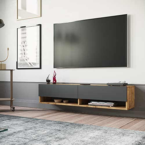 [en.casa] TV Board Laitila TV Schrank mit 2 Ablagen 2 Schranktüren Lowboard Fernsehtisch 140 x 31,5 x 29,5 cm Sideboard hängend Eiche rustikal/Anthrazit