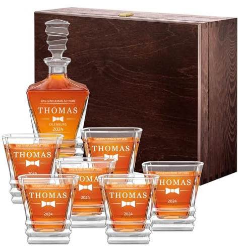 Maverton Geometric Whiskey Karaffe + 6 Whiskygläser Set mit Gravur | Whiskey Dekanter Set aus Kristallglas, Whisky Set für Mann zum Geburtstag, zu Weihnachten, Fliege
