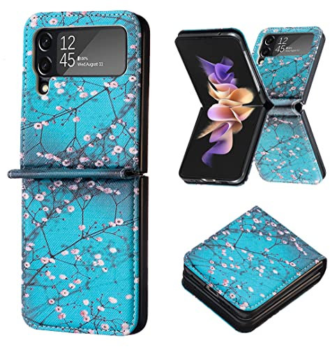 LEMAXELERS Galaxy Z Flip 4 Hülle,Samsung Galaxy Z Flip 4 Handyhülle Leder Blaue Aprikosenblume Flip Case PU Leder Cover Magnet Schutzhülle Ständer Handytasche für Galaxy Z Flip 4,BF Blue Apricot