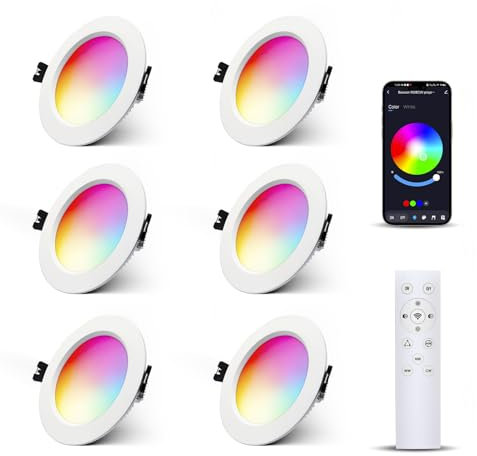 6er LED Einbaustrahler RGBW Dimmbar 10W mit Fernbedienung, Einbauleuchten Bluetooth APP Farbwechsel RGB+Warmweiß +Kaltweiß Deckenstrahler, Rund LED Downlight 230V für Wohnzimmer, Schlafzimmer
