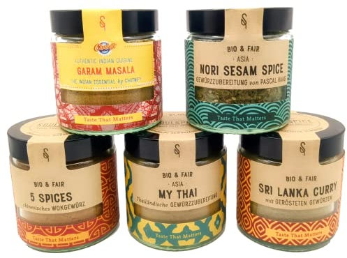 Gewürze Set Bio Asia - 5 Asiatische SoulSpice Bio Gewürzmischungen, Thai - und Wokgewürz, Garam Masala, Nori Sesam, Sri Lanka Curry - Die Bio Gewürze für ein authentisches asiatisches Aroma