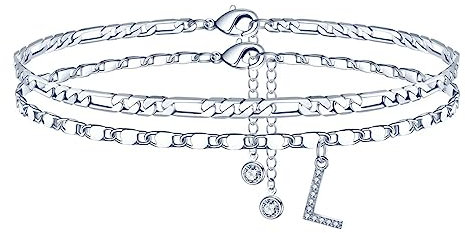 TINGN Fußkettchen für Damen, Silber CZ Buchstabe L Fussketten für Frauen Fußkettchen Verstellbar Doppelte Fußketten Stabil Figarokette FuSSkettchen Frau Mädchen Tochter Freundin Kinder Geschenk