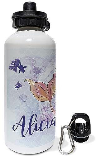 LolaPix Bouteille roseBouteille personnalisée. Bouteille d'eau pour enfants. Bouteille en aluminium personnalisée. Avec 2 bouchons. Sirène