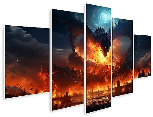 islandburner Wandbild Drache speit Feuer über der Stadt Fantasy Feuerdrache auf Leinwand Bilder Bild Poster