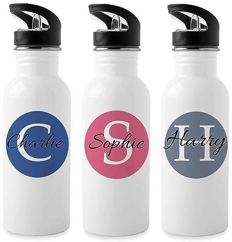 Personalised Water Bottle, Name Boy girls Toddler, Bottle With Straw, 600ml, Metal, Large, Straw Lid (blue)