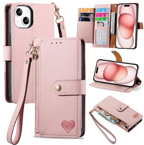 VEEMOS Handyhülle für Apple iPhone 15 Hülle Klappbar Klapphülle Schutzhülle mit Kartenfach RFID Reißverschluss Handy Tasche Leder Flip Case Cover Handytasche Frauen - Rosa
