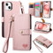 VEEMOS Zipper Wallet Case for Apple iPhone 15 Phone Case with Purse Card Holders RFID Blocking Leather Flip Case Book Cover Wrist Strap Women - Pink