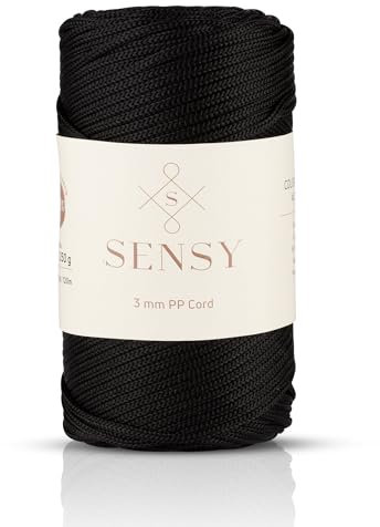 Sensy Premium 3 mm 120 Meter Polyester-Seil, 100% Polypropylen-Kordel, Makramee-Seil, Häkeltaschen-Kordel, Häkelgarn, Geschenk für Stricker (Schwarz)