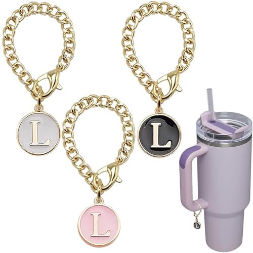 Ekarley Charm a forma di lettera per Stanley Cup, 3 catenine con iniziale, manico per bottiglia d'acqua, nome identificativo, per bicchieri, L