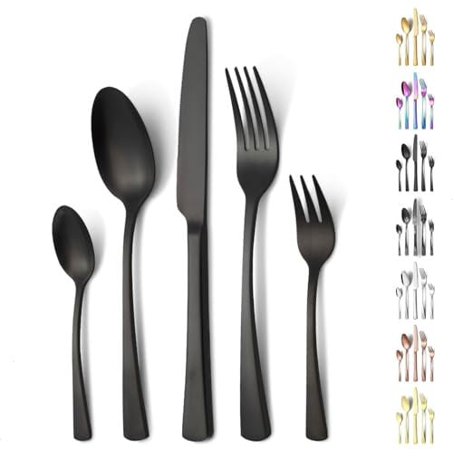 Funnydin 30 Pieces set de couverts de table, ensemble de couverts en acier inoxydable pour 6 personnes, comprenant fourchette, couteaux, cuillere a cafe, look noir mat élégant