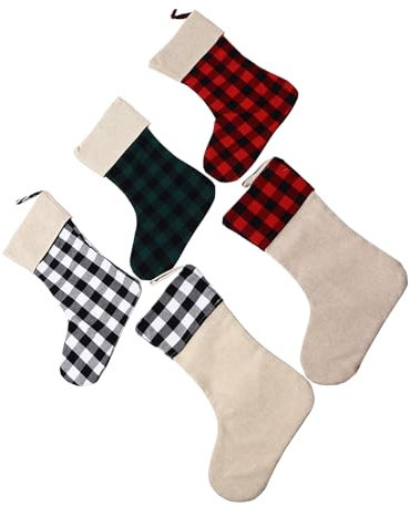 5 Stück Karierte Weihnachtsstrümpfe für Baum, Treppe, Kamin mit Hochwertigem Stoff, Großes Fassungsvermögen für Perfekte Weihnachtsgeschenke
