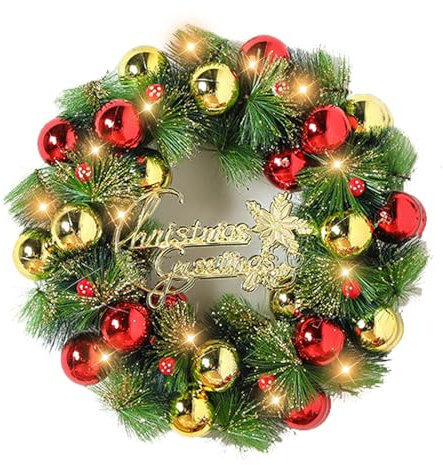 JINGTOPS Weihnachtsgirlande mit Beleuchtung, 40cm Türkranz Weihnachten Kränze, Künstliche Girlande Weihnachten Wand, Weihnachten, Festival, Heimdekoration (Leichter Kugelkranz – 40 cm)