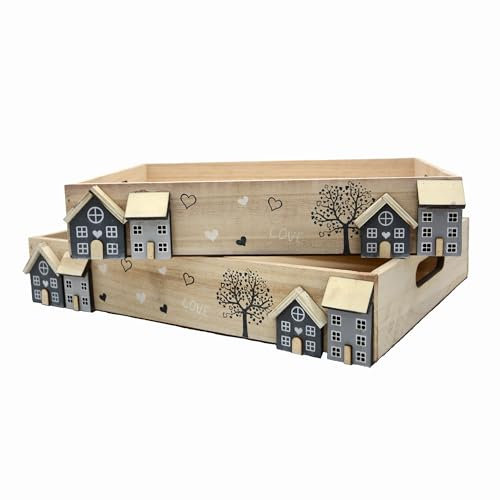 UNUS Juego de 2 bandejas decorativas de madera, bandeja rectangular con asas, bandeja de madera lavada en blanco, bandeja de servir para cocina, sala de estar, decoración