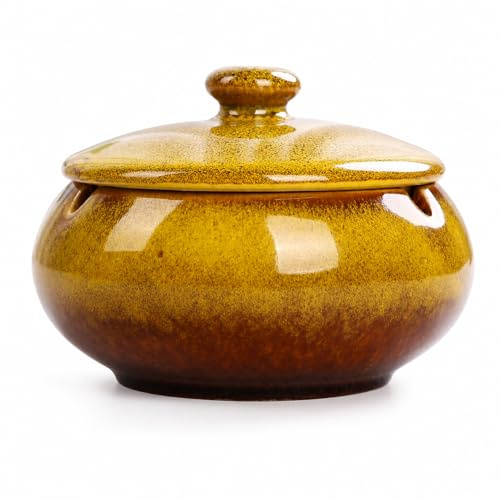 Yellow Ceramic Ashtray with Lid 11.5cm Brown Glazed Covered Ash Tray Round Smoking Accessory for Indoor Outdoor Patio Balcony Home Office Odour Reducing Design