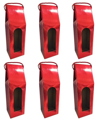 Tradineur - Pack de 6 cajas plegables de cartón para botella de vino, incluye asa de cuerda, guardar, regalar, envolver champán, Navidad (Rojo brillo - 36 x 12,5 x 8,5 cm)