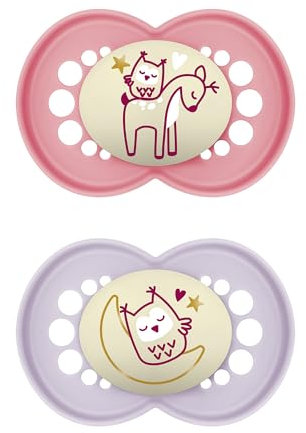 MAM Original Night Succhietto 6+ Mesi (Set da 2), Ciuccio MAM 6-16 mesi che si illumina al buio con tettarella in silicone, Kit da 2 accessori neonato con porta ciuccio sterilizzatore, Rosa/Lilla