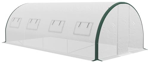 Outsunny Serra a Tunnel 6x3 m con 2 Porte a Cerniera e 8 Finestre, Serra per Orto in PE, Poliestere e Acciaio Zincato, Bianco e Verde