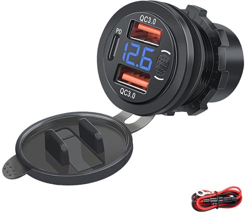 Intckwan Toma usb 12v, 66W, PD y QC3.0, Toma usb Moto Impermeable, Cargador usb Moto con Interruptor y Voltímetro LED, Enchufe usb Empotrable 12-24v Para Moto Coche caravanas Barcos Camiones