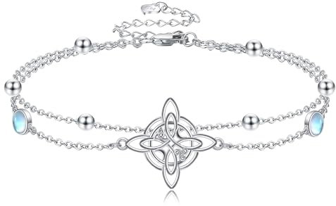 URONE Hexen Knoten Armband 925 Sterling Silber Mondstein Keltischer Knoten Layered Armband für Frauen Wicca Schmuck Geschenke für Mädchen
