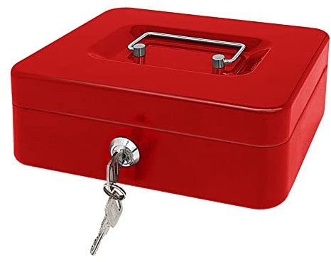 Stahlkassette mit Schlüsselschloss, Metall-Geldkassette mit Geldfach, Geldaufbewahrungsbox mit abschließbarem Deckel (Rot, 25 * 20 * 8.5 CM)