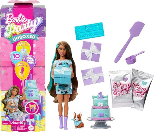 Barbie Party Unboxed Serie Cumpleaños de Mascotas Estrellas de Fiesta Muñeca y Accesorios, Conjunto con 10 sorpresas, como Cambio de Color y función de decoración de Pasteles, JFG72