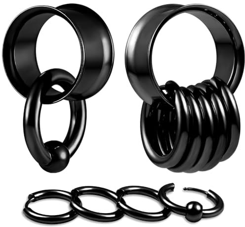 DOEARKO Ohr Flesh Tunnel 1 Paare Ohr Tunnel Plug mit 10 Ringen Edelstahl Double Flared Ohr Plug Ohrpiercing Gestreckte Schmuck für Frauen und Männer 12mm Schwarz