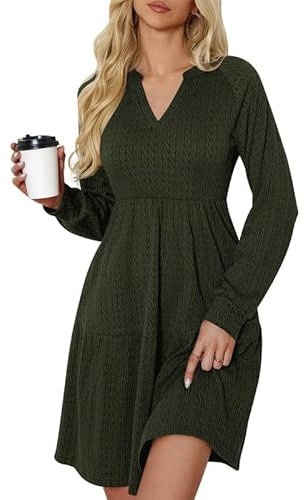 Ritiriko Damen Strickkleid V Ausschnitt Langarm Pulloverkleid Strickpulli Lässig Sweater Tunika Knit Mini Dress mit Taschen Grün XL