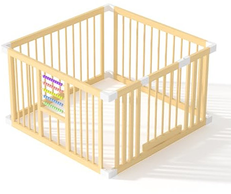 Parc pour bébé (110 x 110 x 61 cm) en bois pour bébés et tout-petits, clôture pour bébé avec perles acryliques colorées, aire de jeu avec ventouses, espace de jeu extra large pour l'intérieur, XS