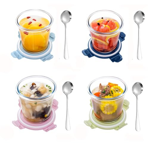 Lot de 4 récipients en verre de 800 ml avec couvercle, pour soupe en verre, avec couvercle, récipient à soupe de cuisine, bols en verre avec couvercles hermétiques, micro-ondes, sans BPA (4 ronds L