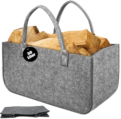 PEILU 2 Stück Groß Filz Holzkörbe 30 Liter Faltbare Einkaufstaschen | Tragbare Kaminholztasche mit Griff Robust Vliesstoff Aufbewahrung Tasche bis 30KG für Brennholz Bücher Einkaufen (Grau)