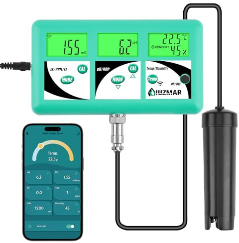 UIUZMAR pH EC TDS Messgerät für Hydrokultur, 7 in 1 pH EC PPM 500 PPM 700 CF Temperatur Luftfeuchte Monitor für Aeroponik, Kontrolle des Leitfähigkeits pH Werts der Hydrokultur Nährlösung